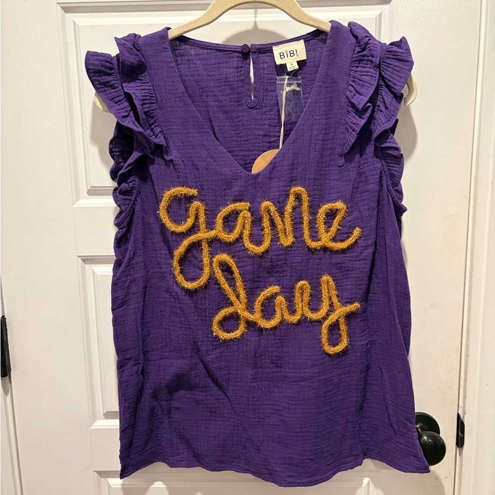 BiBi Purple Ruffle Sleeve Tank with Yellow 'Game Day' Applique
